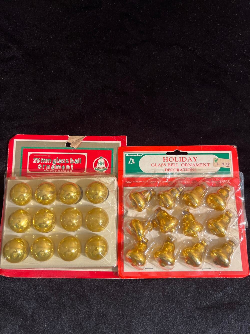 Vintage Commodore Gold Glass Bell Christmas Ornaments 12 Piece Set.